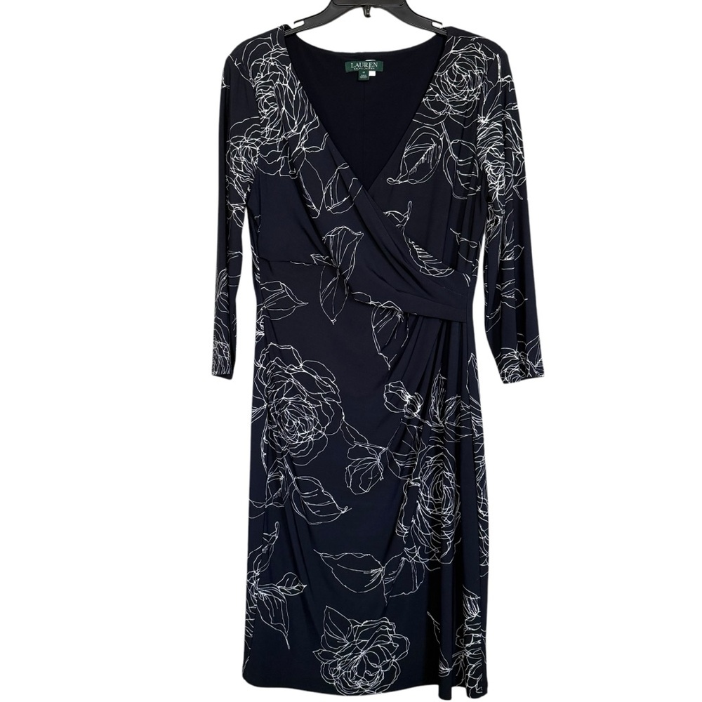 Ralph Lauren Women’s Sz 12 Midi Surplice Neck Floral 3/4 Sleeve Pleated Dress